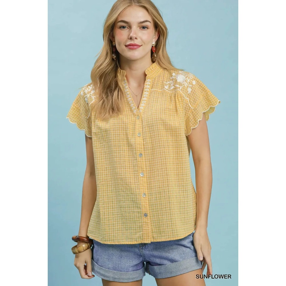Umgee Embroidered Print‎ Scallop Sleeve Button Front Blouse - Sunflower - Small